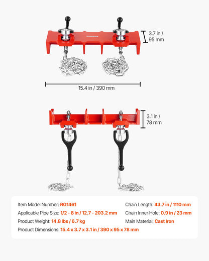 Rörsvetsskruvstäd, 1/2 till 8-tums rörsvetsklämma med dubbla kedjor och vevhandtag, kraftigt gjutjärnsskruvstäd för en mängd olika rör