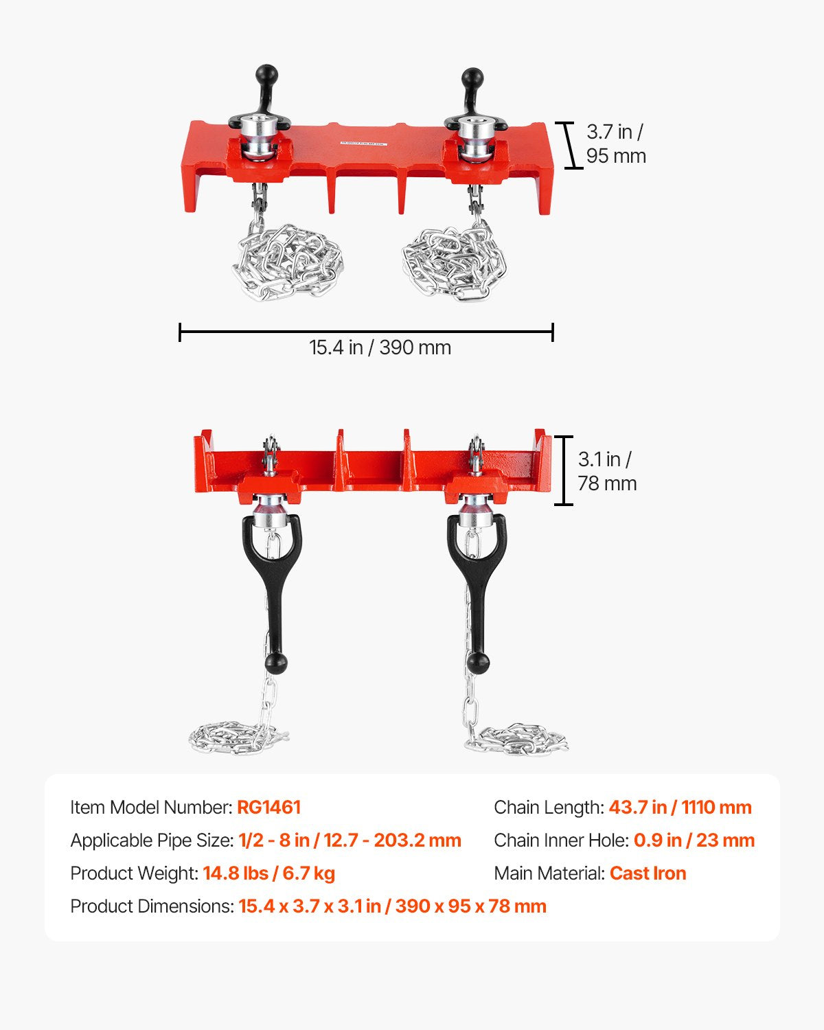 Rörsvetsskruvstäd, 1/2 till 8-tums rörsvetsklämma med dubbla kedjor och vevhandtag, kraftigt gjutjärnsskruvstäd för en mängd olika rör