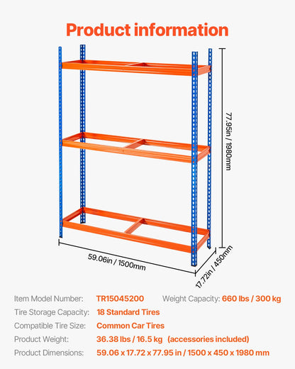 Tire Storage Rack, 3-Shelf Tire Holder Holds up to 18 Standard Tires, SPCC-SD Heavy Duty Metal Tire Carrier Stand with Adjustable Spacing for Garage Workshop, 660LBS Loading Capacity