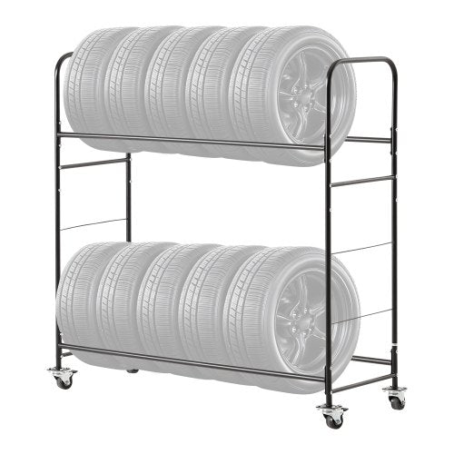 Rolling Tire Storage Rack, 2-Shelf Tire Holder and Transport Trailer for Garage, Heavy-Duty Steel Tire Storage Cart with Wheel, Adjustable Height & Protective Cover, Hold up to 12 Standard Tires