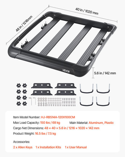 Roof Rack Cargo Carrier, 48 x 40 x 5.6 in, Universal Rooftop Cargo Basket, Car Top Luggage Holder with 150 lbs Max Load Capacity, 4.1 in Fence, Anti-Rust Alloy Steel, Wind Fairing, for SUV Car