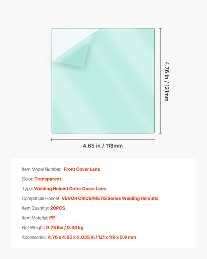 Yttre skyddsglas för svetshjälm, 121 x 118 mm, 20 st. ersättningsglas för utvändig lins, filterskydd, genomskinliga skydd, kompatibel med CRIUS/METIS-seriens automatiskt nedbländande svetshjälmar
