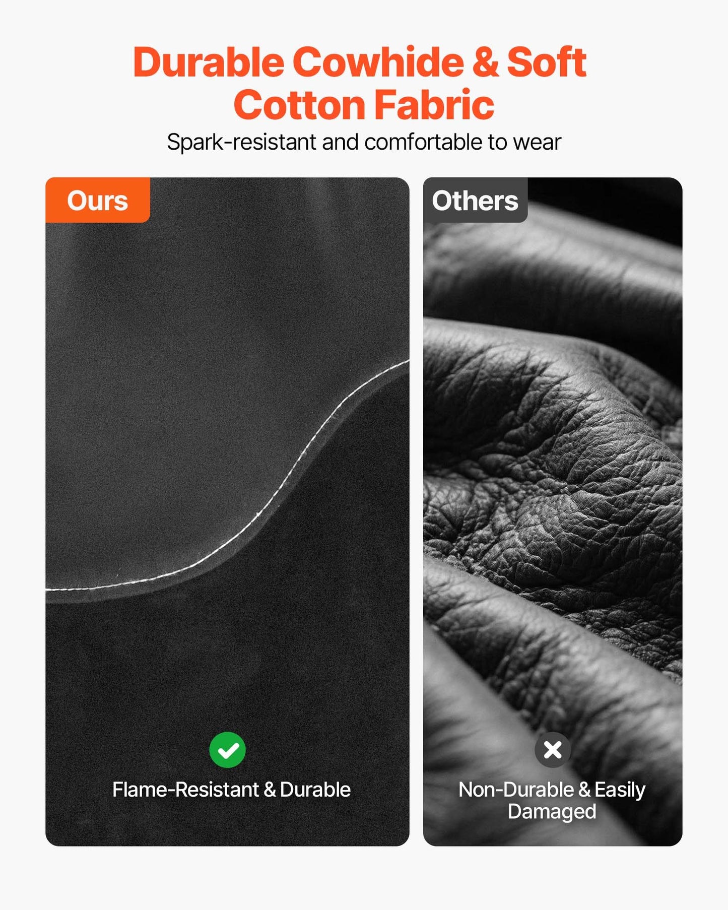 Flamskyddande svetsarbetsskydd, kraftiga armskydd i kohud och främre bomull för män och kvinnor - med elastiska manschetter för svetsning, smide, träbearbetning