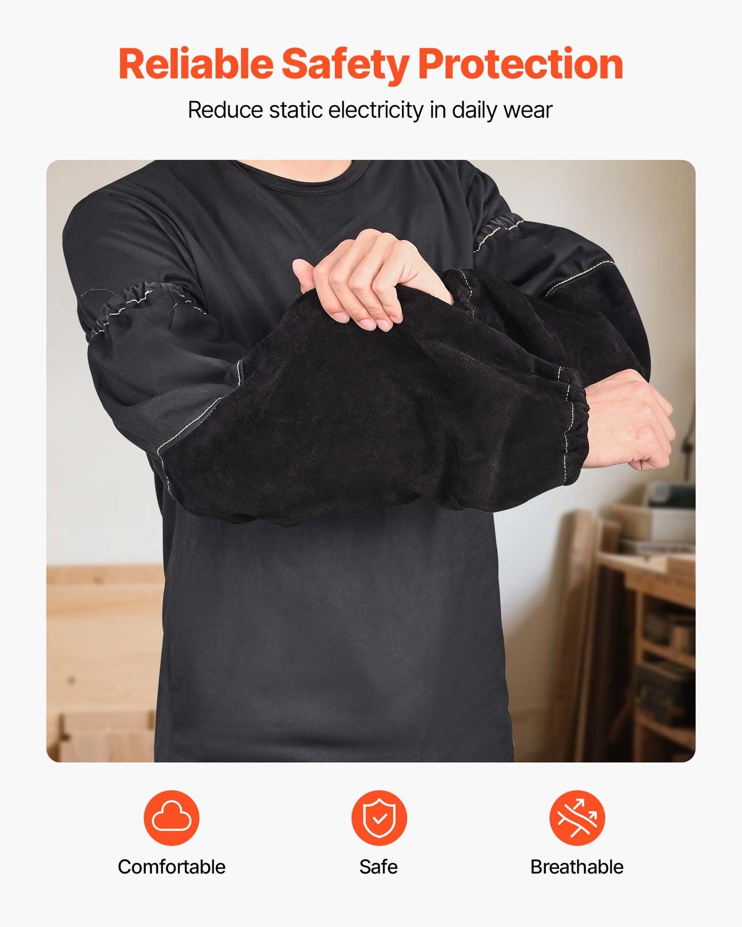 Flamskyddande svetsarbetsskydd, kraftiga armskydd i kohud och främre bomull för män och kvinnor - med elastiska manschetter för svetsning, smide, träbearbetning