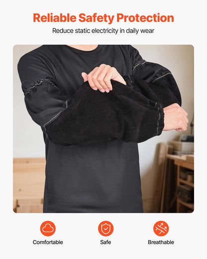 Flamskyddande svetsarbetsskydd, kraftiga armskydd i kohud och främre bomull för män och kvinnor - med elastiska manschetter för svetsning, smide, träbearbetning