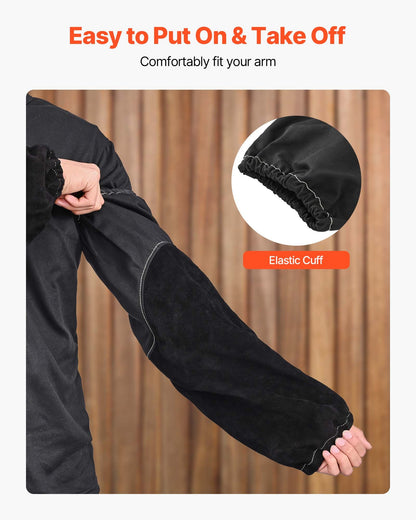 Flamskyddande svetsarbetsskydd, kraftiga armskydd i kohud och främre bomull för män och kvinnor - med elastiska manschetter för svetsning, smide, träbearbetning