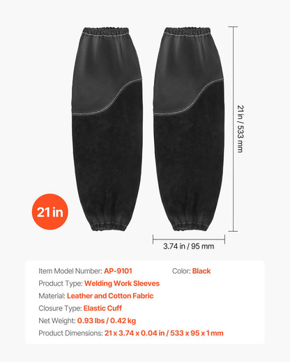 Flamskyddande svetsarbetsskydd, kraftiga armskydd i kohud och främre bomull för män och kvinnor - med elastiska manschetter för svetsning, smide, träbearbetning