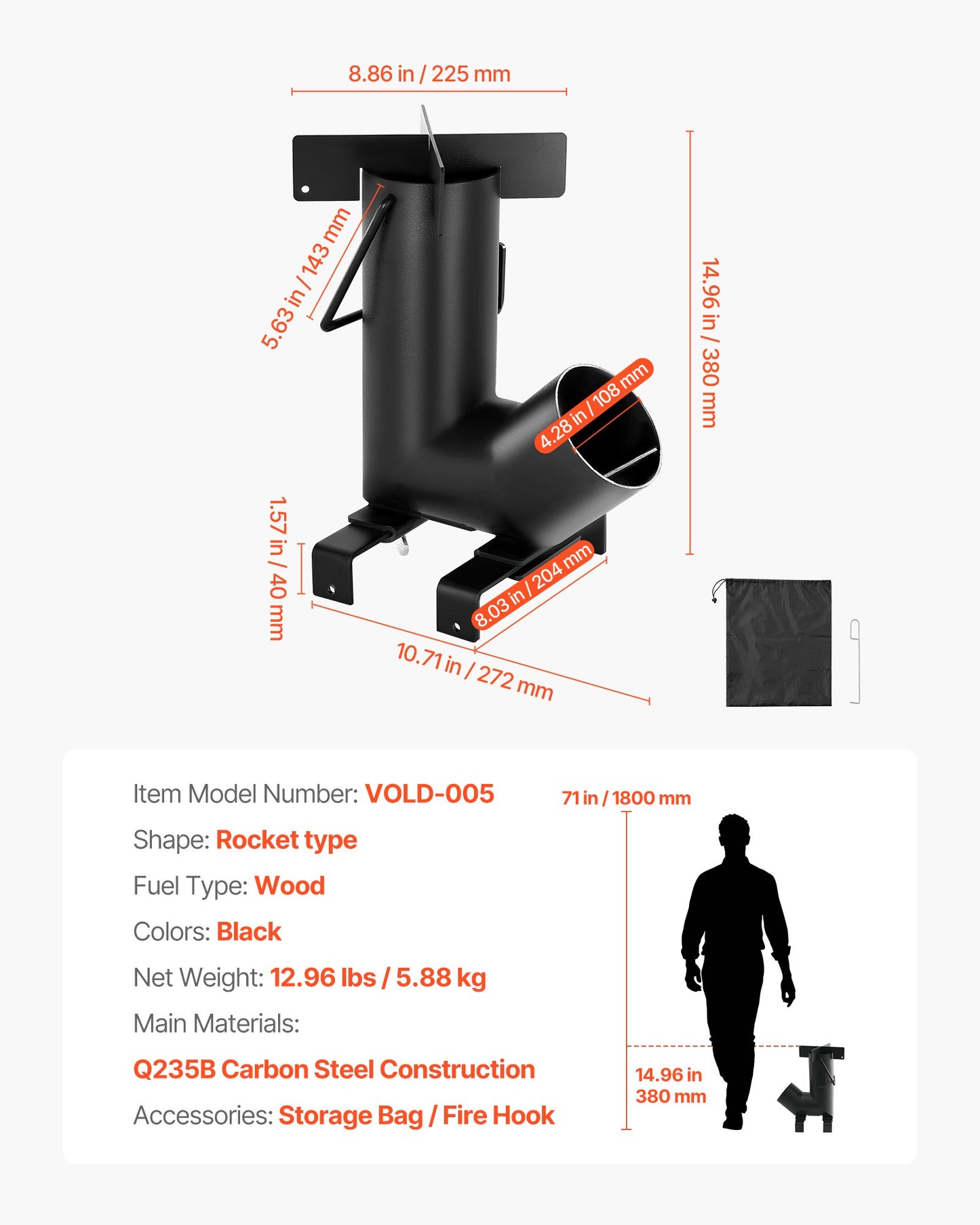 Camping Rocket Stove, Wood Burning Portable Rocket Stove with Carrying Bag for Backpacking, Carbon Steel, Burn Wood, Twigs or Sticks for Outdoor Cooking, Backyard, Camp Cooking, Heating, Black