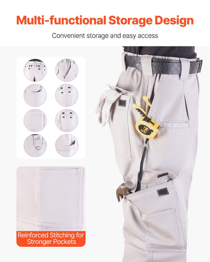 FR-byxor för män, 100 % bomull, flamskyddade cargobyxor med flera fickor och resår i midjan, förstärkta rivsäkra sömmar, perfekta för svetsarbete och fritidskläder, storlek L, grå