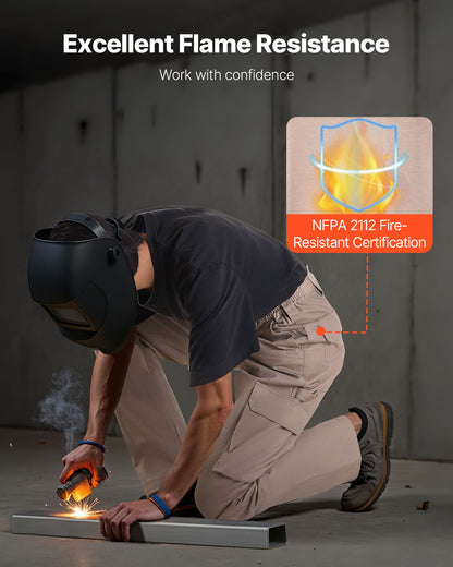 FR-byxor för män, 100 % bomull, flamskyddade cargobyxor med flera fickor och resår i midjan, förstärkta rivsäkra sömmar, perfekta för svetsarbete och fritidskläder, XXL-storlek, khaki