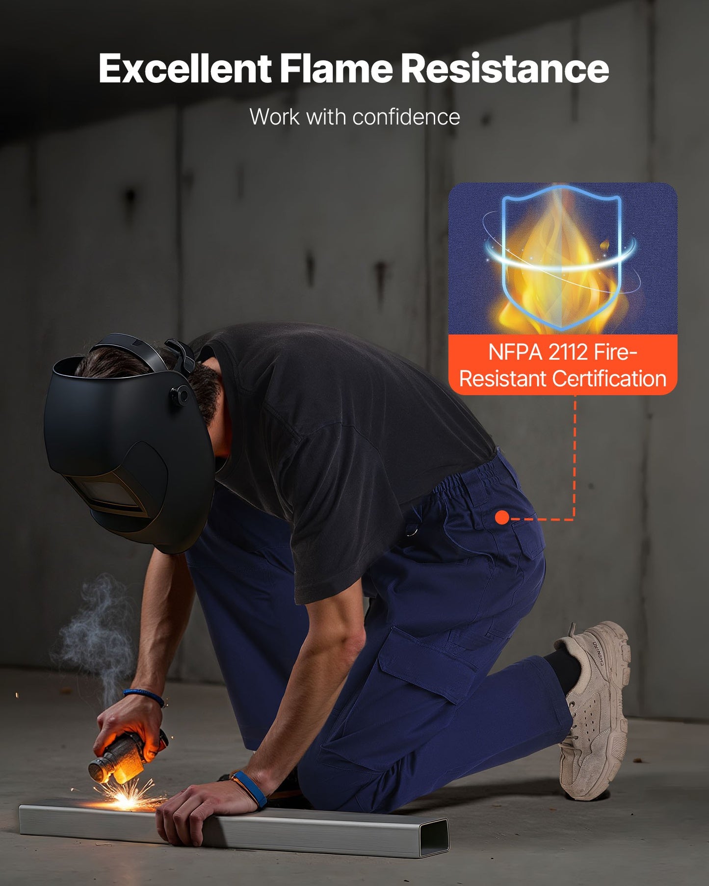 FR-byxor för män, 100 % bomull, flamskyddade cargobyxor med flera fickor och resår i midjan, förstärkta rivsäkra sömmar, perfekta för svetsarbete och fritidskläder, storlek L, mörkblå