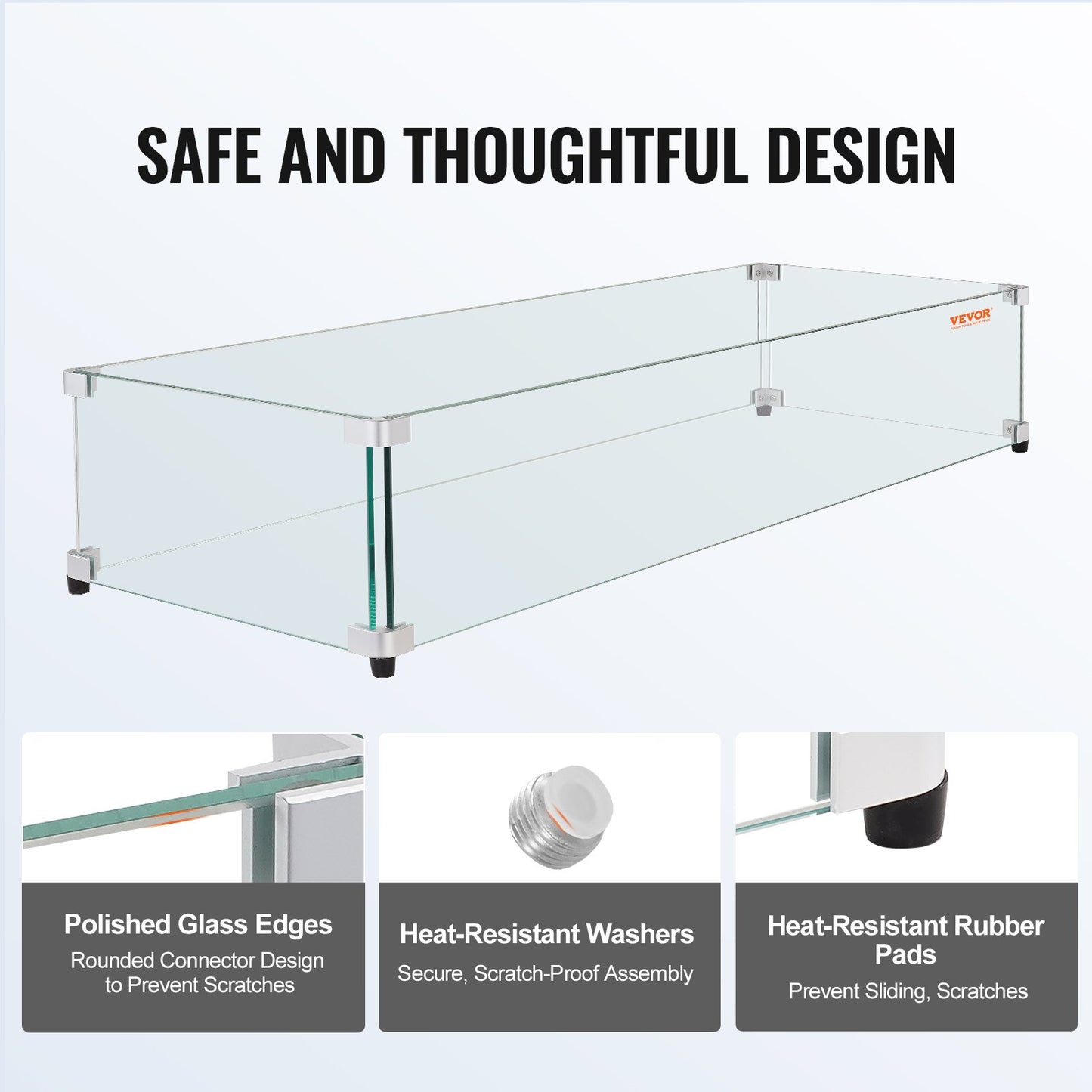 Glasvindskydd för rektangulärt eldstadsbord 924 x 417 x 191 mm, 8 mm tjock och robust härdad glaspanel med hörnfäste i hård aluminium och gummifötter, enkel att montera