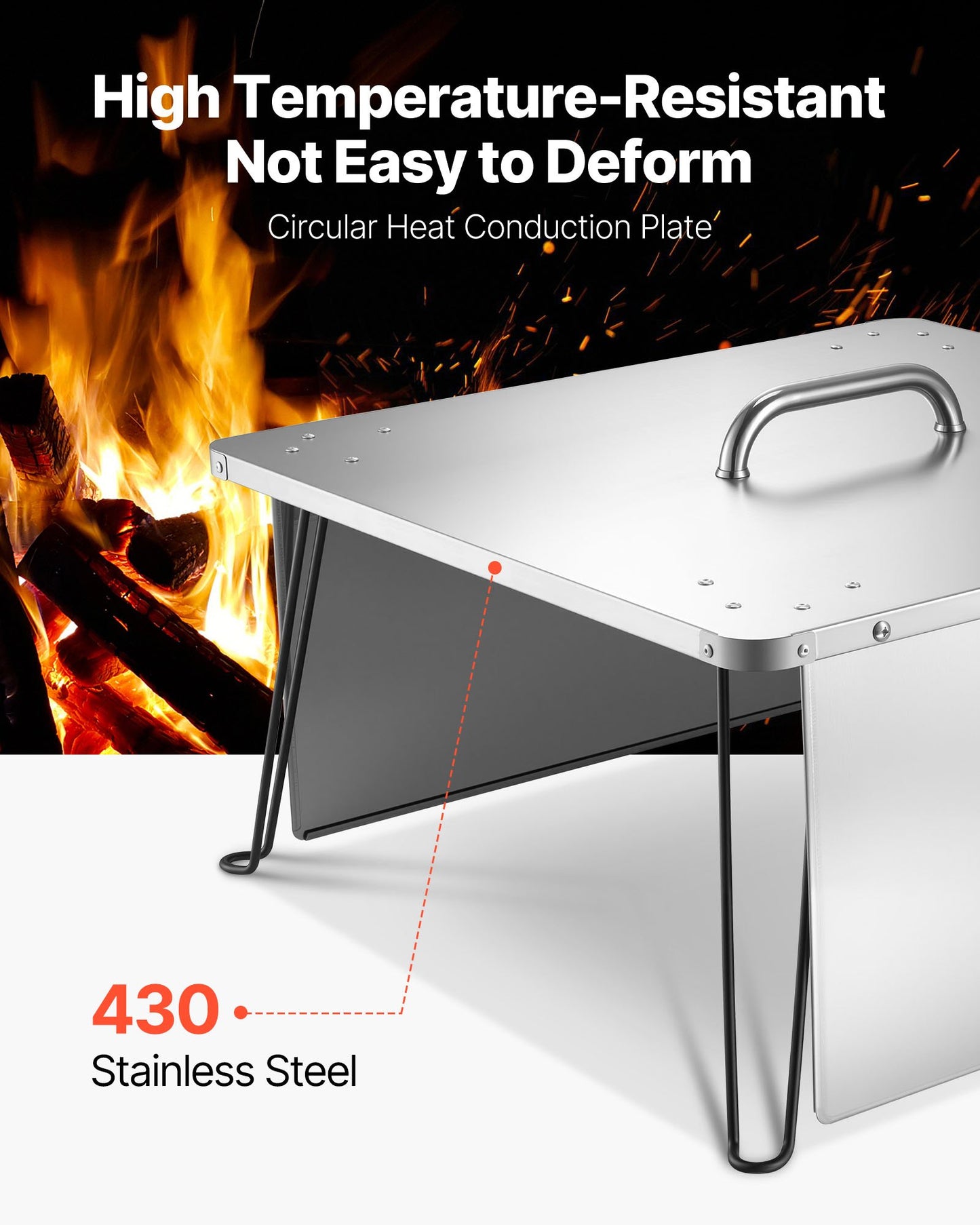 Eldgropsvärmeavvisare, 645x645x370 mm fyrkantigt lock till utomhusbrännare, vedeldad eld i rostfritt stål, tryck ner och ut värmen med 4 fällbara ben och bärhandtag