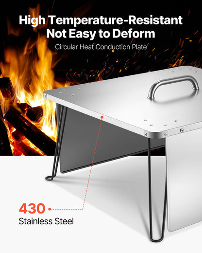 Eldgropsvärmeavvisare, 645x645x370 mm fyrkantigt lock till utomhusbrännare, vedeldad eld i rostfritt stål, tryck ner och ut värmen med 4 fällbara ben och bärhandtag