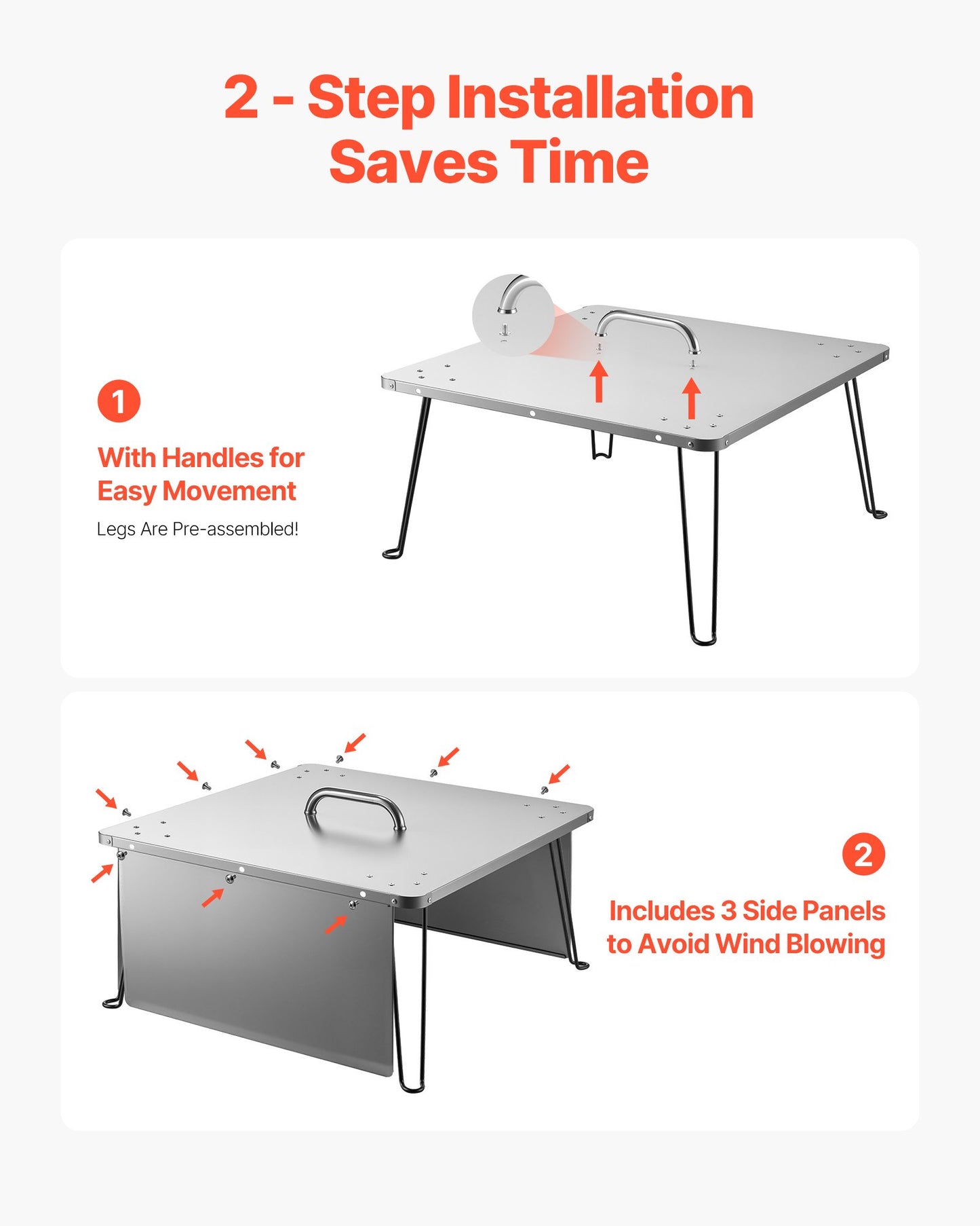 Eldgropsvärmeavvisare, 645x645x370 mm fyrkantigt lock till utomhusbrännare, vedeldad eld i rostfritt stål, tryck ner och ut värmen med 4 fällbara ben och bärhandtag