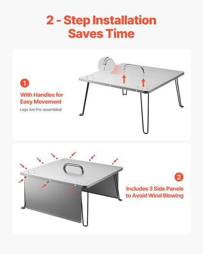 Eldgropsvärmeavvisare, 645x645x370 mm fyrkantigt lock till utomhusbrännare, vedeldad eld i rostfritt stål, tryck ner och ut värmen med 4 fällbara ben och bärhandtag