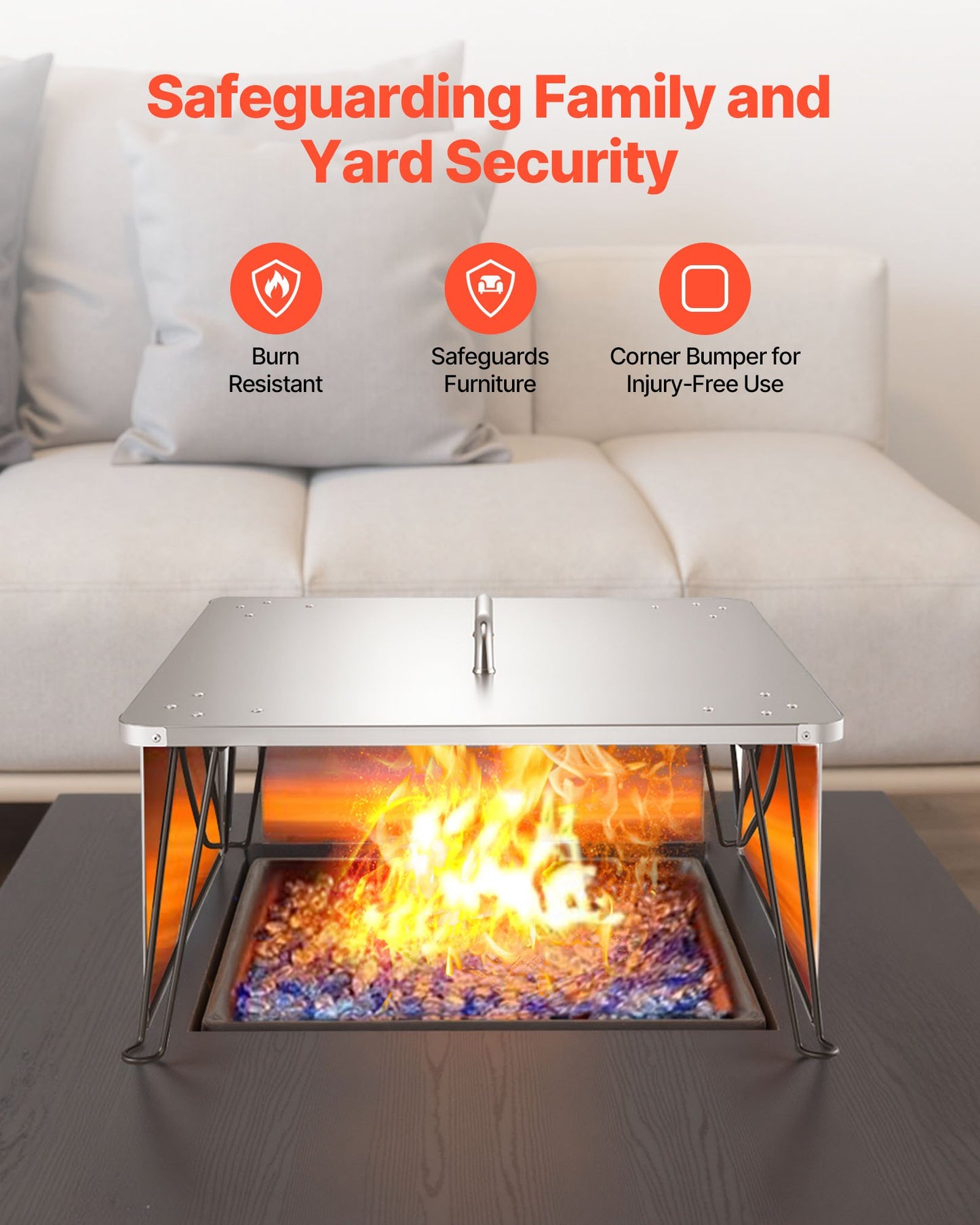 Eldgropsvärmeavvisare, 645x645x370 mm fyrkantigt lock för utomhusbrännare, rostfritt stål vedeldad campingeld, tryck ner och ut värmen med 4 fällbara ben och bärhandtag