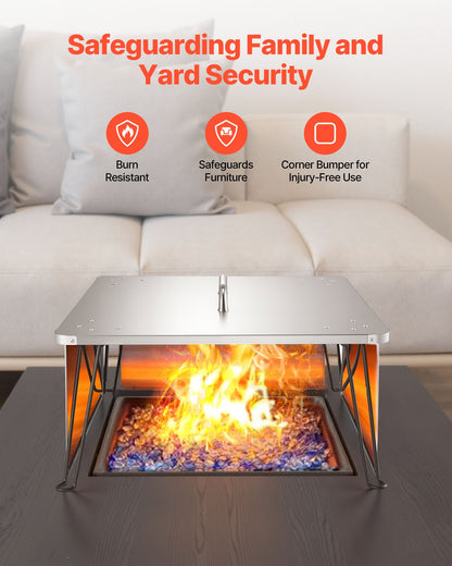 Eldgropsvärmeavvisare, 645x645x370 mm fyrkantigt lock för utomhusbrännare, rostfritt stål vedeldad campingeld, tryck ner och ut värmen med 4 fällbara ben och bärhandtag