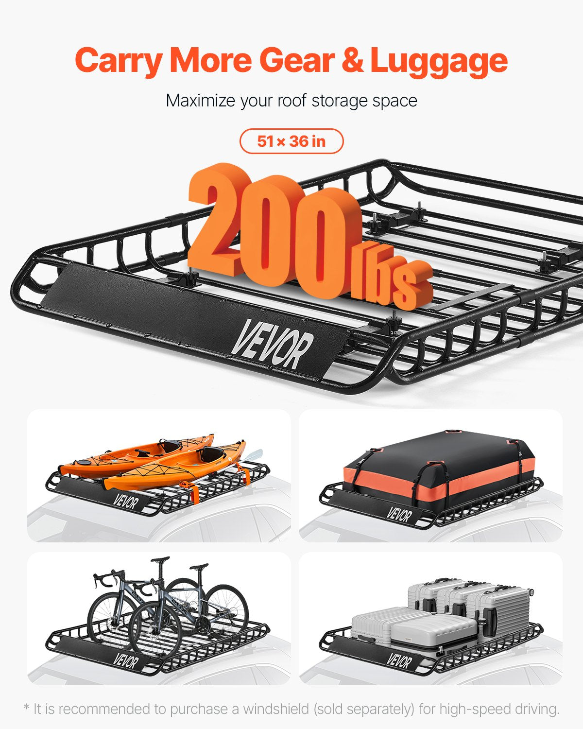 Roof Rack Basket, 51 x 36 x 4.1 in, Universal Rooftop Cargo Carrier with 1120 x 870 x 260 mm Cargo Bag, Net, Ratchet Straps, 200 lbs Max Load Capacity Car Top Luggage Holder, for SUV Truck Car