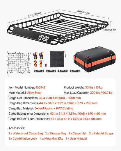 Roof Rack Basket, 51 x 36 x 4.1 in, Universal Rooftop Cargo Carrier with 1120 x 870 x 260 mm Cargo Bag, Net, Ratchet Straps, 200 lbs Max Load Capacity Car Top Luggage Holder, for SUV Truck Car