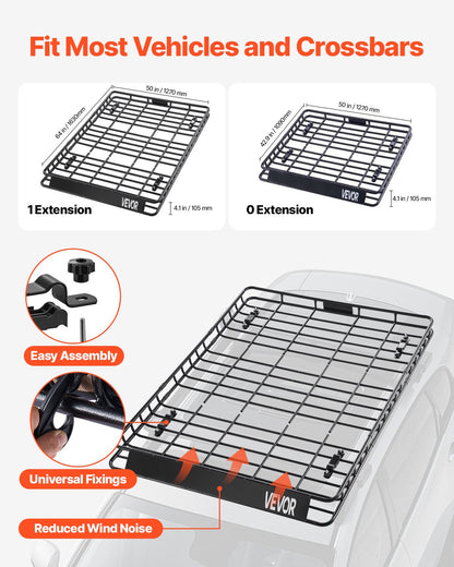 Roof Rack Basket, 64 x 50 x 4.1 in, Universal Rooftop Cargo Carrier with Two 35.4 x 39.4 in Cargo Net,150 lbs Max Car Top Luggage Holder, 4.1 in Fence, Anti-Rust Alloy Steel, for SUV Truck Car