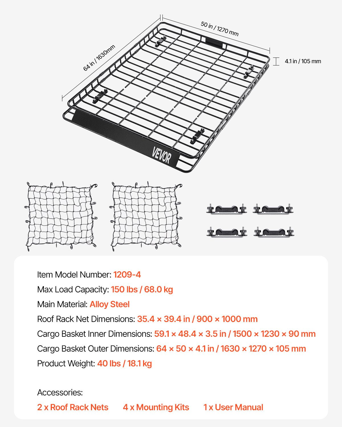 Roof Rack Basket, 64 x 50 x 4.1 in, Universal Rooftop Cargo Carrier with Two 35.4 x 39.4 in Cargo Net,150 lbs Max Car Top Luggage Holder, 4.1 in Fence, Anti-Rust Alloy Steel, for SUV Truck Car
