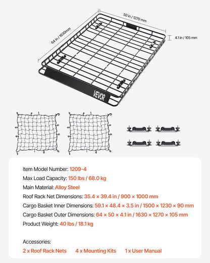 Roof Rack Basket, 64 x 50 x 4.1 in, Universal Rooftop Cargo Carrier with Two 35.4 x 39.4 in Cargo Net,150 lbs Max Car Top Luggage Holder, 4.1 in Fence, Anti-Rust Alloy Steel, for SUV Truck Car