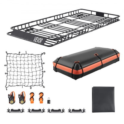 Roof Rack Basket, 84 x 39 x 4.1 in, Universal Rooftop Cargo Carrier with 7.9 x 3.9 x 10.2 in Cargo Bag, Net, Ratchet Straps, 250 lbs Max Load Capacity Car Top Luggage Holder, for SUV Truck Car