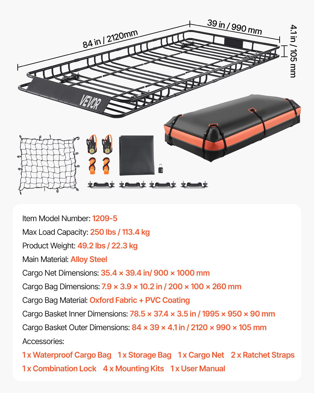 Roof Rack Basket, 84 x 39 x 4.1 in, Universal Rooftop Cargo Carrier with 7.9 x 3.9 x 10.2 in Cargo Bag, Net, Ratchet Straps, 250 lbs Max Load Capacity Car Top Luggage Holder, for SUV Truck Car