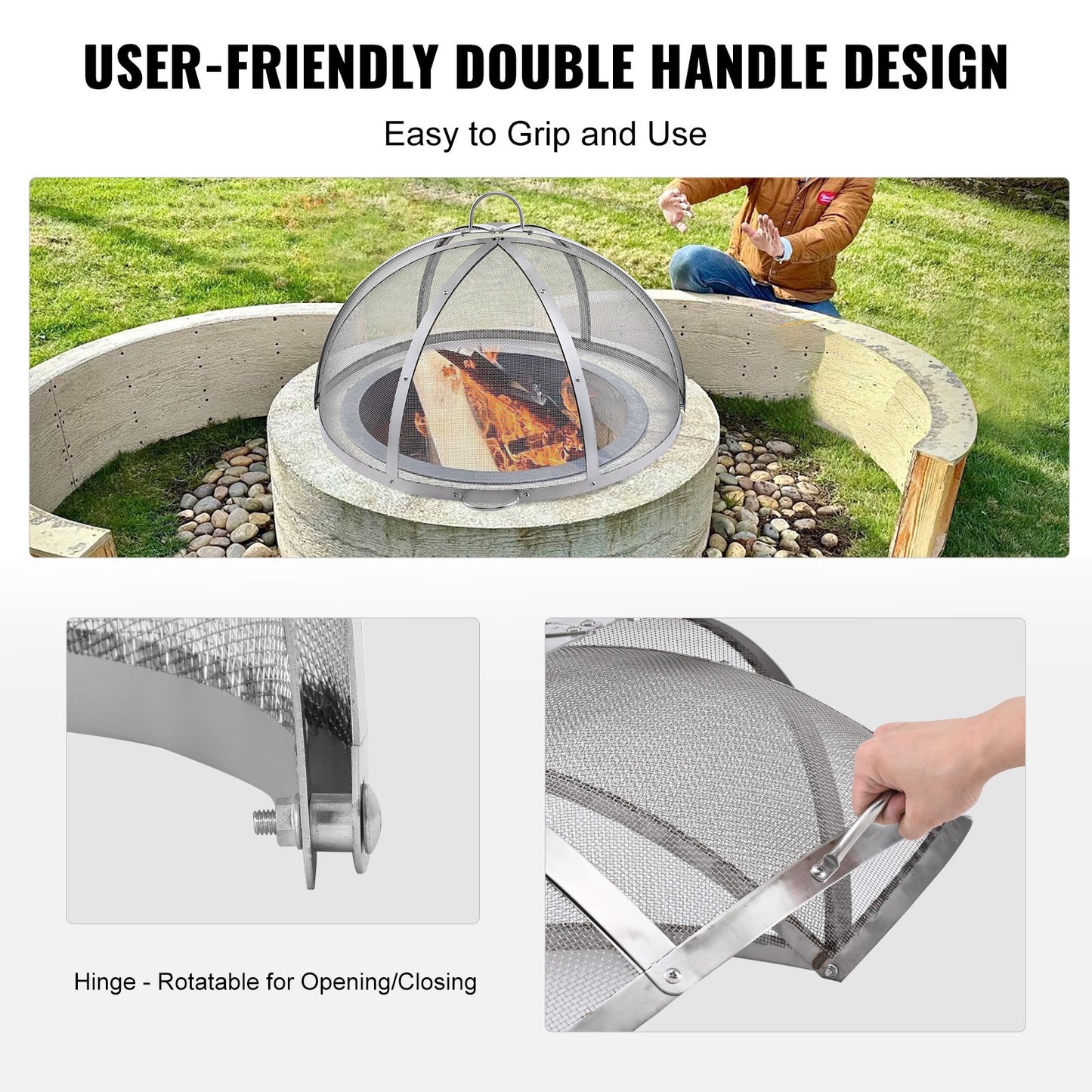 Firepit Spark Screen Lid, 914.4mm Diameter, Outdoor Firepit Ring Cover Round Accessories, Fire Pit Metal Cover, Easy-Opening Stainless Steel Fire Ring Covers for Outdoor Patio Fire Pits Backyard