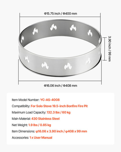 Eldstadsställ för solo-spis, 49,5 cm rökfri eldstadsring, rostfritt stål eldstad Ranger stödram tillbehör, bärbar utomhuscampinghållare verktyg för eldstad