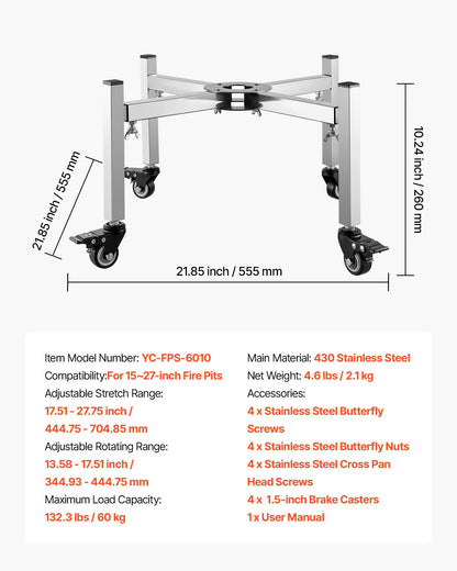 Fire Pit Stand, 38-68.6 cm Adjustable Stretch with 4 Casters, Firepit Stand for Solo Stove Bonfire Ranger Yukon & Other Outside Firepit, Stainless Steel Camping Fire Pit Accessory for Fireplace
