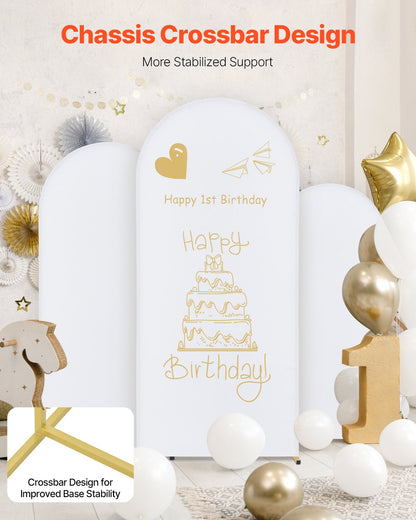 Wedding Arch Backdrop Stand, Set of 3, Metal Stable Stand with Case Connection & Chassis Crossbar Design, Easy-to-Assemble Gold Stand with Premium Gauze, Fit for Birthday, Celebration, Holiday