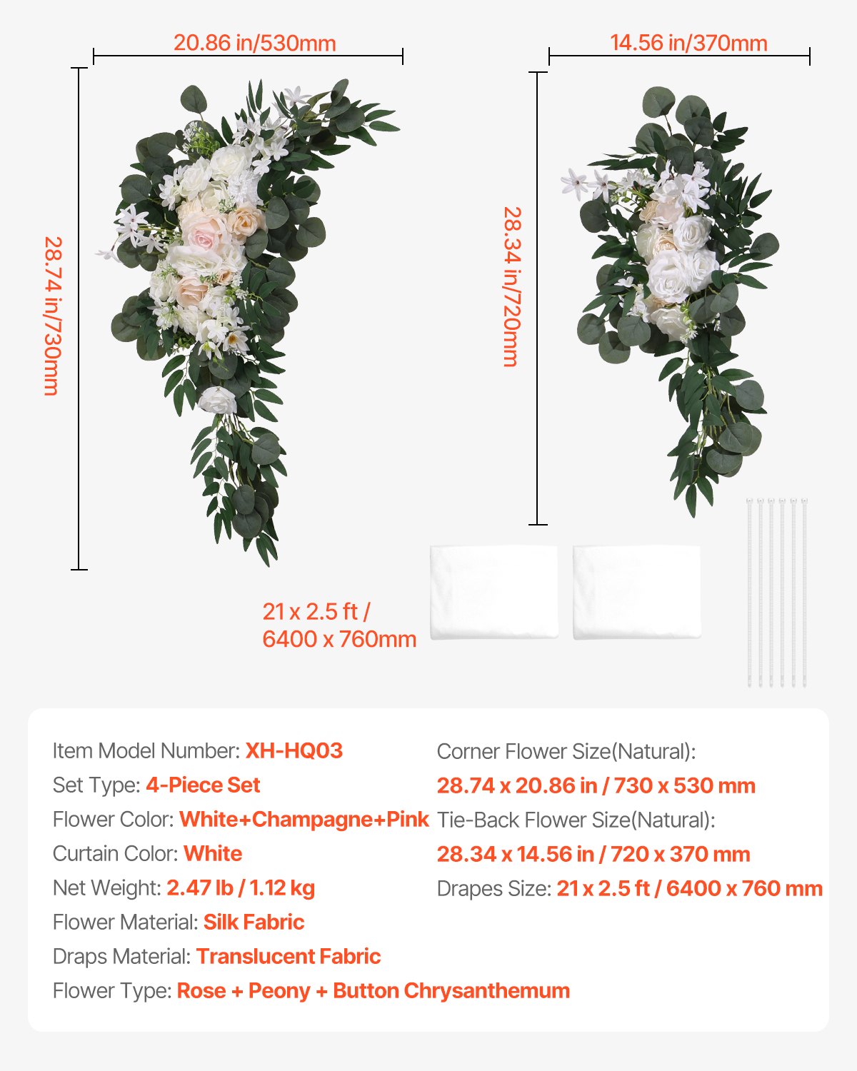 Konstgjorda bröllopsblommor, vita bröllopsblommor med draperier (4-pack) - 2 st blomsterarrangemang, 2 st transparenta draperier, för ceremonibuketter, mottagningsbakgrund