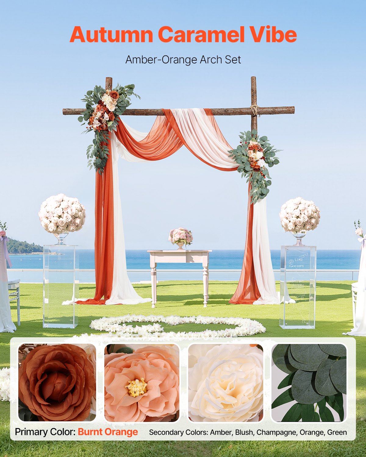 Konstgjorda bröllopsblommor, orange bröllopsblommor med draperier (4-pack) - 2 st blomsterarrangemang, 2 st transparenta draperier, för ceremonibuketter, mottagningsbakgrund