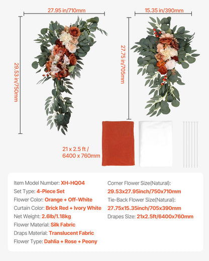 Konstgjorda bröllopsblommor, orange bröllopsblommor med draperier (4-pack) - 2 st blomsterarrangemang, 2 st transparenta draperier, för ceremonibuketter, mottagningsbakgrund