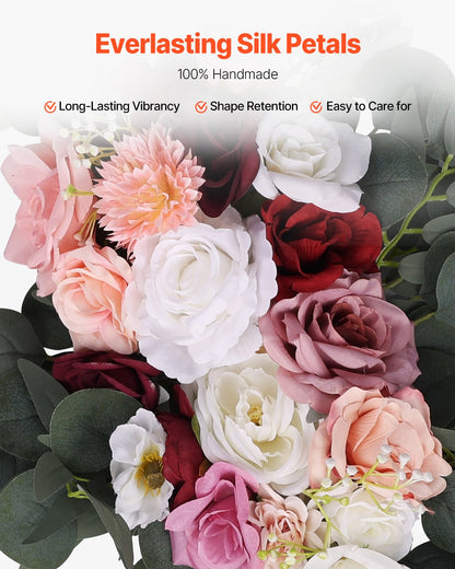 Artificial Wedding Arch Flowers Kit, Pink Wedding Arch Flowers with Drapes Kit (Pack of 4) - 2 Pcs Floral Arrangement, 2 Pcs Sheer Drapes, for Ceremony Bouquets Reception Backdrop Decoration