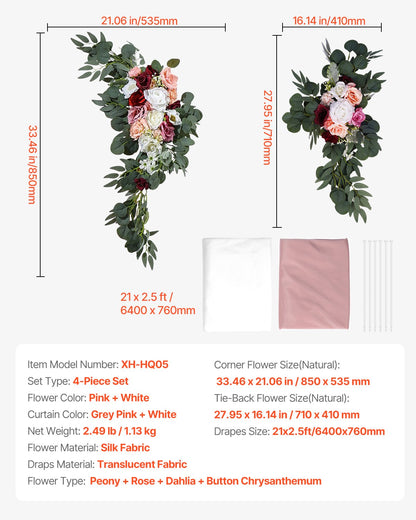 Artificial Wedding Arch Flowers Kit, Pink Wedding Arch Flowers with Drapes Kit (Pack of 4) - 2 Pcs Floral Arrangement, 2 Pcs Sheer Drapes, for Ceremony Bouquets Reception Backdrop Decoration