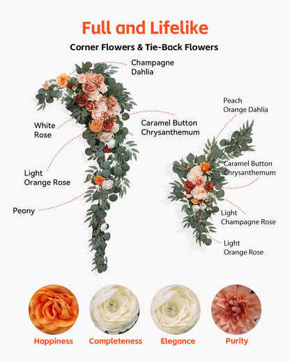 Artificial Wedding Arch Flowers Kit, Orange Wedding Arch Flowers with Drapes Kit (Pack of 5) - 2 Pcs Floral Arrangement, 3 Pcs Sheer Drapes, for Ceremony Bouquets Reception Backdrop Decoration