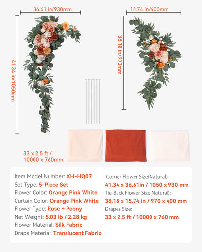 Artificial Wedding Arch Flowers Kit, Orange Wedding Arch Flowers with Drapes Kit (Pack of 5) - 2 Pcs Floral Arrangement, 3 Pcs Sheer Drapes, for Ceremony Bouquets Reception Backdrop Decoration
