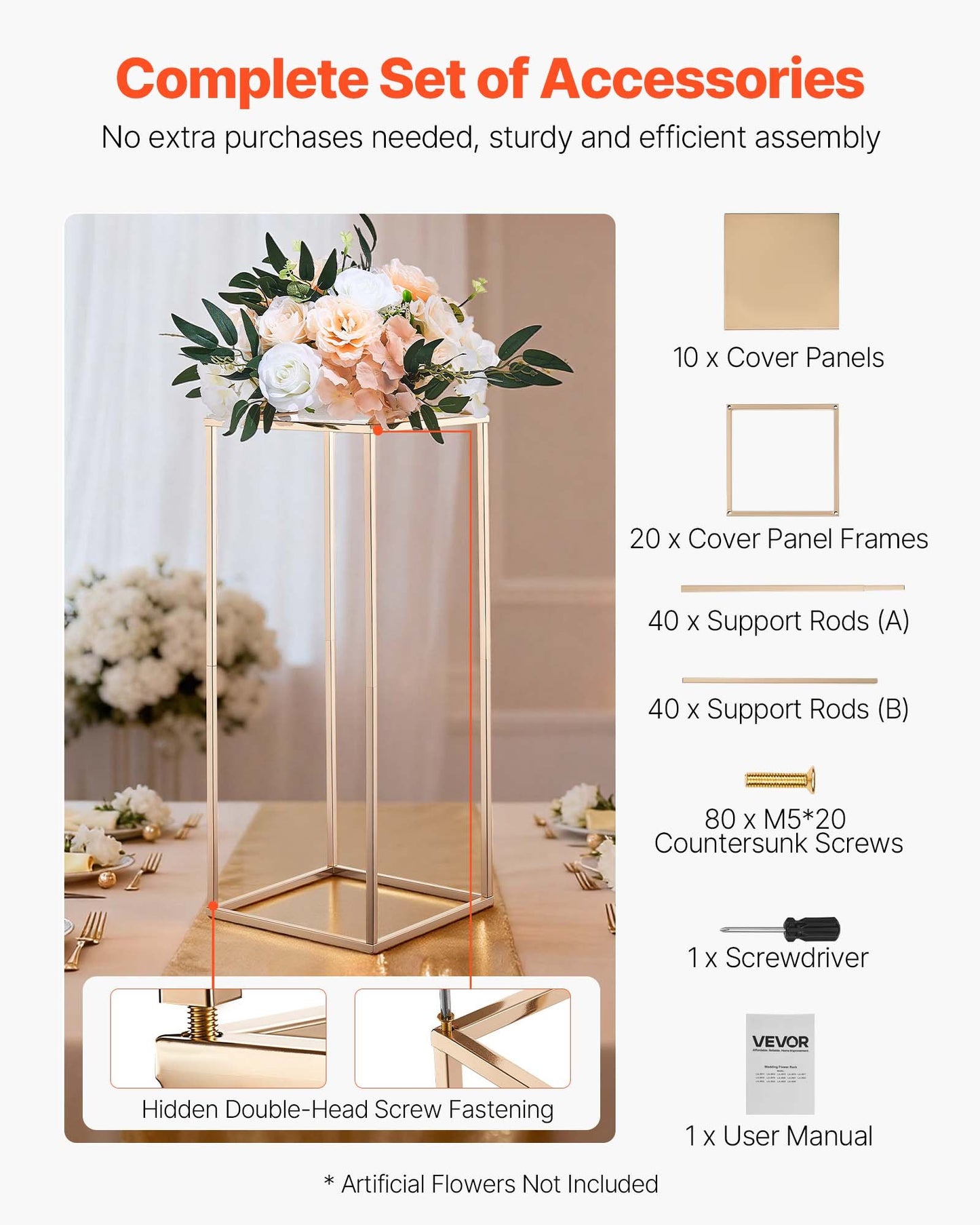 Wedding Flower Stand, 10PCS 60cm Column Flower Stand, Floral Stands with Metal Laminate, Gold Rectangular Floral Display Rack for Wedding, Party, Birthday, Home, Gold Centerpiece Stands