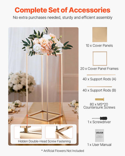 Wedding Flower Stand, 10PCS 60cm Column Flower Stand, Floral Stands with Metal Laminate, Gold Rectangular Floral Display Rack for Wedding, Party, Birthday, Home, Gold Centerpiece Stands