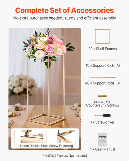 Wedding Flower Stand, 10PCS 60cm Column Flower Stand, Floral Stands with Hidden Screw, Rectangular Cubic Floral Display Rack for Wedding, Party, Birthday, Home, Gold Centerpiece Stands