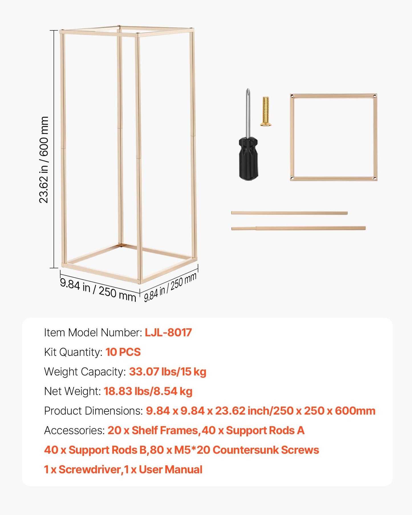 Wedding Flower Stand, 10PCS 60cm Column Flower Stand, Floral Stands with Hidden Screw, Rectangular Cubic Floral Display Rack for Wedding, Party, Birthday, Home, Gold Centerpiece Stands