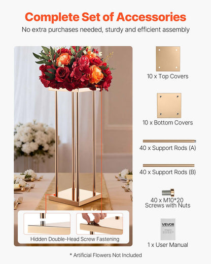 Wedding Flower Stand, 10PCS 60cm Column Flower Stand, Floral Stands with Metal Laminate, Cylindrical Cubic Floral Display Rack for Wedding, Party, Birthday, Home, Gold Centerpiece Stands