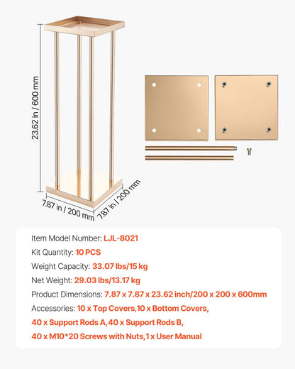 Wedding Flower Stand, 10PCS 60cm Column Flower Stand, Floral Stands with Metal Laminate, Cylindrical Cubic Floral Display Rack for Wedding, Party, Birthday, Home, Gold Centerpiece Stands