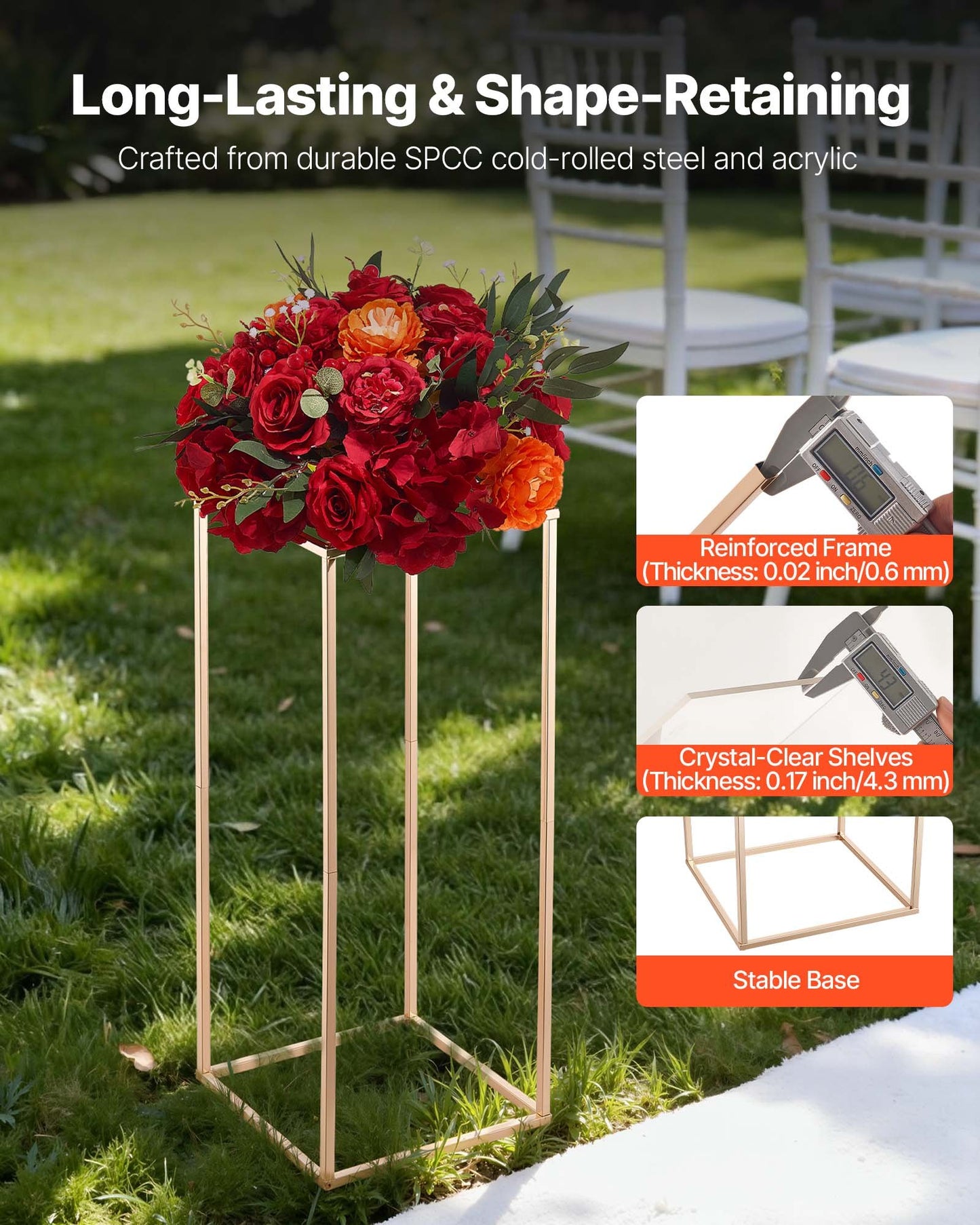 Wedding Flower Stand, 10PCS 60cm Column Flower Stand, Floral Stands with Acrylic Laminate, Gold Rectangular Floral Display Rack for Wedding, Party, Birthday, Home, Gold Centerpiece Stands