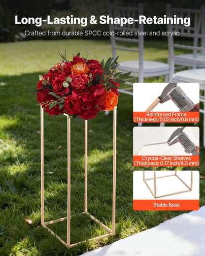 Wedding Flower Stand, 10PCS 60cm Column Flower Stand, Floral Stands with Acrylic Laminate, Gold Rectangular Floral Display Rack for Wedding, Party, Birthday, Home, Gold Centerpiece Stands