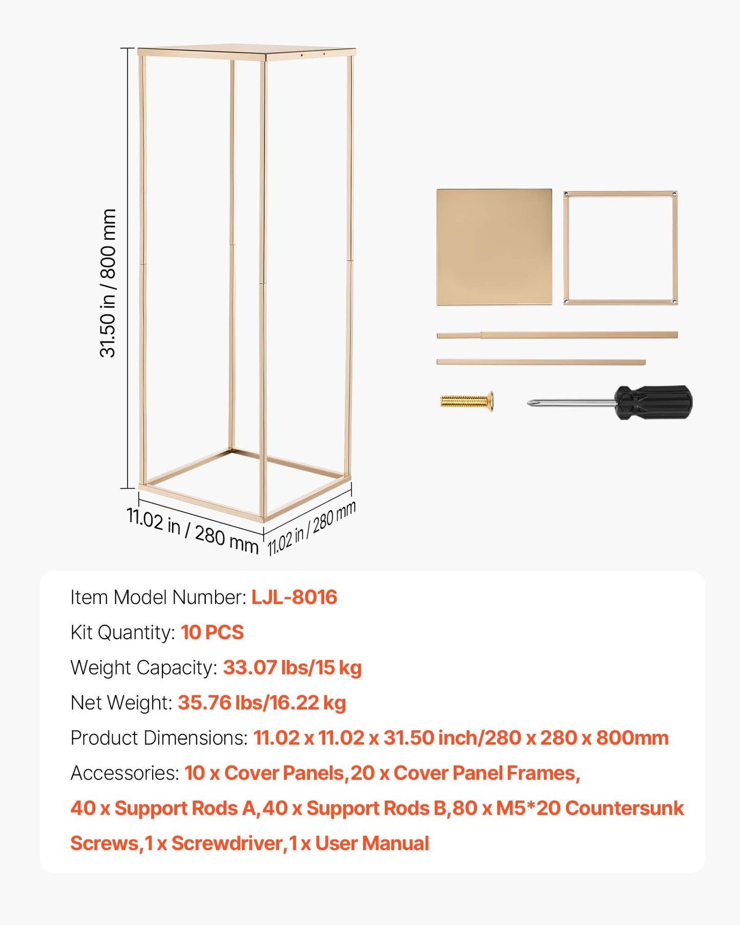 Wedding Flower Stand, 10PCS 80cm Column Flower Stand, Floral Stands with Metal Laminate, Gold Rectangular Floral Display Rack for Wedding, Party, Birthday, Home, Gold Centerpiece Stands