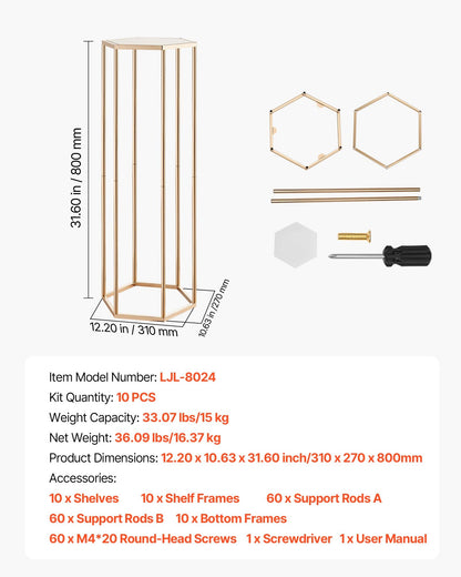 Wedding Flower Stand, 10PCS 80cm Column Flower Stand, Floral Stands with Acrylic Laminate, Hexagonal Cubic Floral Display Rack for Wedding, Party, Birthday, Home, Gold Centerpiece Stands